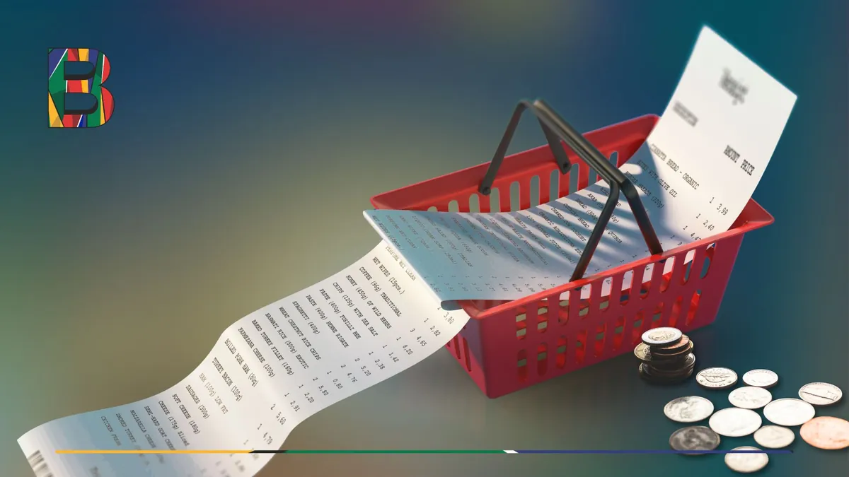 Shopping basket with receipts and coins, representing everyday expenses.