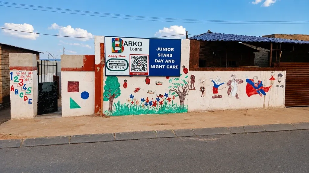 Barko Loans signage on the painted wall of Junior Stars Day and Night Care in Orange Farm.